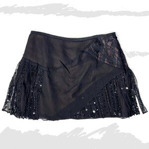 NANETTE LEPORE Black Lace Bead Sequin Fringe Runway Silk Mini Skirt 8